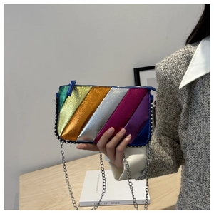 Detail of colorful metallic striped chain bag with silver beaded edges and zipper