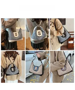 Collage of model wearing a plaid bear tote bag as a backpack and shoulder bag