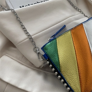 Rainbow striped metallic leather crossbody bag with silver rivets and chain strap