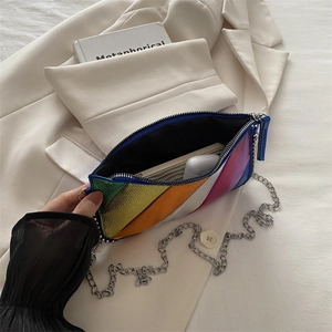Rainbow striped metallic leather crossbody bag with chain strap and spacious interior