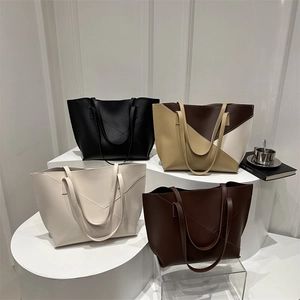Minimalist Large Capacity Women Synthetic Leather Tote Bag With Small Pouch Contrast Color Daily Office Shoulder Handbag