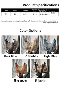 Size chart showing 23x21x9.5cm dimensions for floral printed fabric shoulder bags