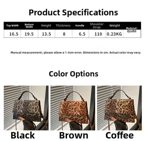 Detaillierte Größentabelle für Leoparden-Handtasche mit genauen Maßen und Gewichtsangaben