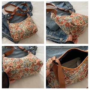 Detail view of ethnic floral jacquard bag with adjustable strap and spacious interior