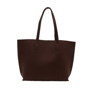 Minimalist large dark brown leather tote bag with double handles for daily commuting