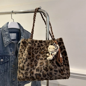 Borsa Tote in Peluche Leopardata da Donna Autunno Inverno Borsa a Tracolla in Pelliccia Sintetica con Manico Intrecciato