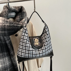 Women Retro Plaid Canvas Synthetic Leather Backpack Casual Large Capacity Tote Bag With Cute Bear Patch Crossbody Handbag