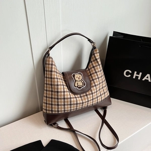 Vintage checkered canvas tote bag with brown leather trim and cute bear embroidery detail