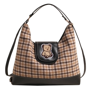 Retro plaid canvas tote bag with brown checkered pattern and teddy bear embroidery