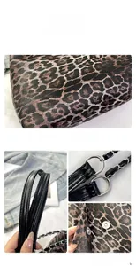Détail du sac léopard avec texture grainée, bandoulière en vernis et fermoir magnétique