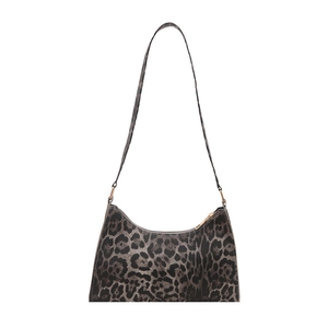 Minimalist leopard print shoulder bag with gold zipper closure and slim crossbody strap