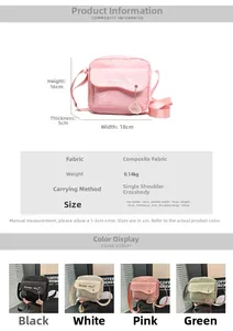 Detail shot of mini crossbody bag showing four color variants and 18x16x5cm dimensions