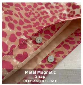 Detail of silver magnetic closure and sturdy stitching on pink leopard canvas bag