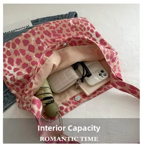 Top view showing large capacity of leopard print canvas tote with magnetic buckle