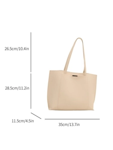 Size dimensions diagram of large beige tote bag showing height width and strap drop