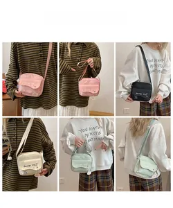 Collage showing a small printed nylon crossbody bag in pink, black, white, and green