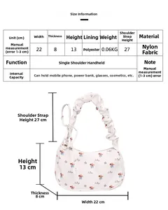 Detailed size chart and dimensions of the floral nylon crescent underarm bag