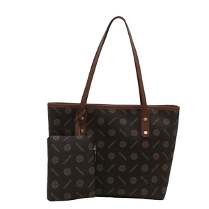 Brown vintage printed tote bag with small matching pouch and gold stud details