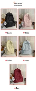Vertical collage of school backpacks in five colors with star patterns and plush charms