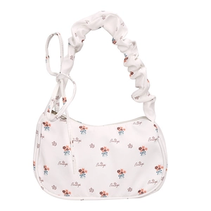 Floral print crescent hobo bag with pleated handle and beautiful letter patterns