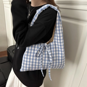 Blue and white checkered canvas shoulder tote bag with ribbon bow and large capacity