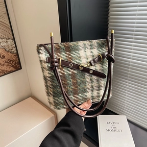 Grand Sac Cabas à Carreaux pour Femmes Rétro Cuir Synthétique Sac Seau à Épaule Mode Décontracté Sac à Main Automne Hiver