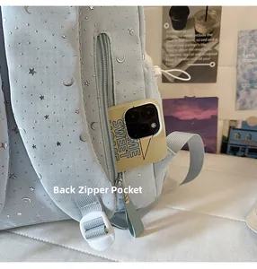 Detail of the hidden back zipper pocket on a light blue backpack with silver stars