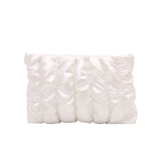 Minimalist white pleated dumpling clutch bag with elegant glossy silk texture for women