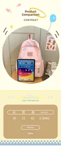 Size chart showing dimensions 30x15x42cm and nylon backpack compared to a tablet