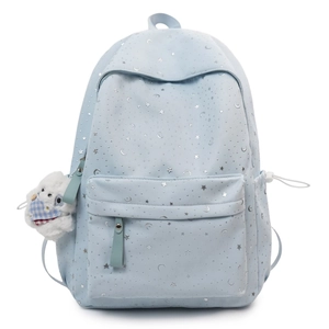 Light blue school backpack with silver star moon prints and cute plush charm toy