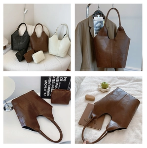 Detail of multi-color tote bags with geometric patchwork and small zipper pouches