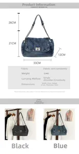 Detailed dimensions of denim tote bag showing 33cm width and metal chain strap