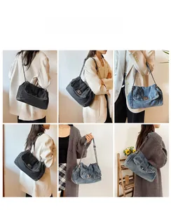 Collage of denim tote bags in retro blue and charcoal gray with metal chain straps