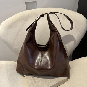 Minimalist large capacity dark brown hobo shoulder bag in polished oil wax leather finish