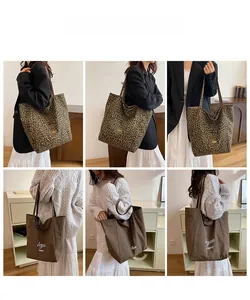 Fashionable leopard print and brown canvas tote bags displayed on model for daily styling