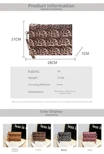 Detailed spec sheet of leopard print PU leather clutch bag with size and color options