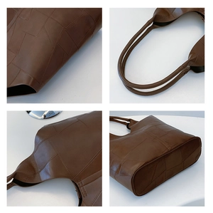 Detail of dark brown tote bag with geometric stitching and premium leather texture