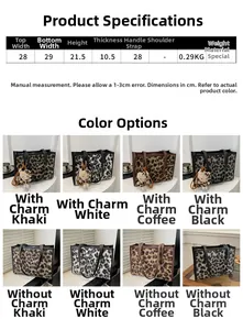 Tableau des tailles détaillé et options de couleurs pour le sac cabas en peluche léopard