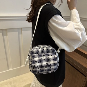 Vintage blue plaid canvas crossbody bag with heart pattern and rope strap for women
