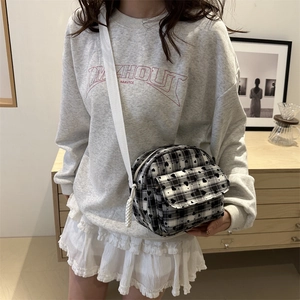 Retro black and white checkered canvas messenger bag with heart prints and wide strap