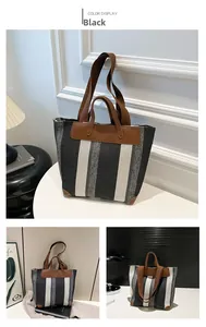 Détails du grand sac cabas rayé en toile avec poignées en cuir marron et coins renforcés