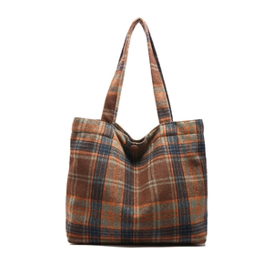 Japanese style oversized plaid tweed tote bag with button closure for winter