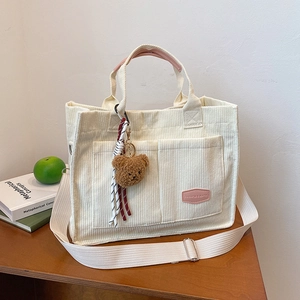 Corduroy Large Capacity Tote Bag For Women Retro Contrast Color Shoulder Bag Magnetic Buckle Casual Office Handbag