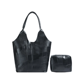 Retro black textured tote bag set with geometric patchwork and small matching pouch