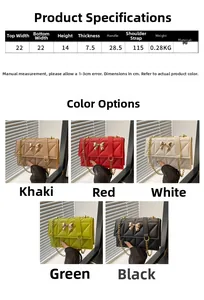 Size chart for quilted crossbody bag with bow detail showing dimensions and 5 colors