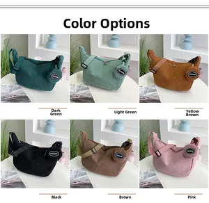 Close-up of corduroy shoulder bags in six colors with a round coin purse and striped texture