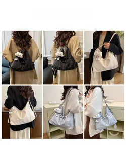 Collage of models wearing large tote bags in black, beige, and silver for daily commute