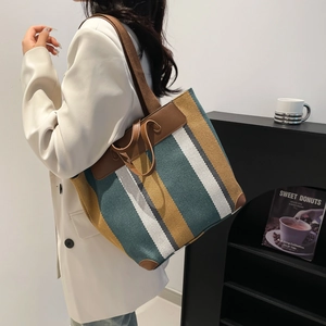 Sac Fourre-Tout en Toile Rayée de Grande Capacité pour Femmes Sac à Épaule Vintage avec Bordure en Cuir
