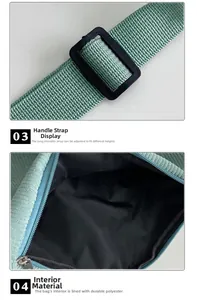 Detail of green corduroy bag showing adjustable strap buckle and polyester inner lining