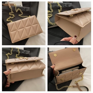 Detailed views of beige quilted crossbody bag with gold chain strap and magnetic closure